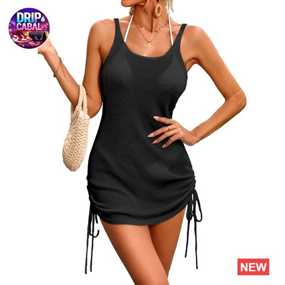 Crochet Knit Backless V Neck Cover Up Mini Dress